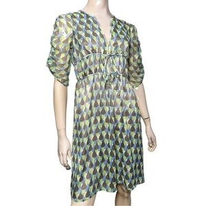 Herion Women’s Size 42 M Brown Blue Green Tear Drop Geo Print Silk Chiffon Dress